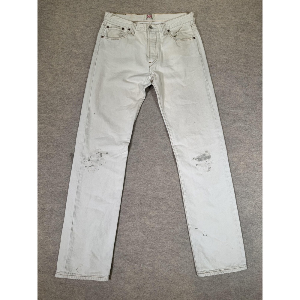 Levis 501 Jeans Mens 30x34 White Denim Regular Straight Button Fly Distressed